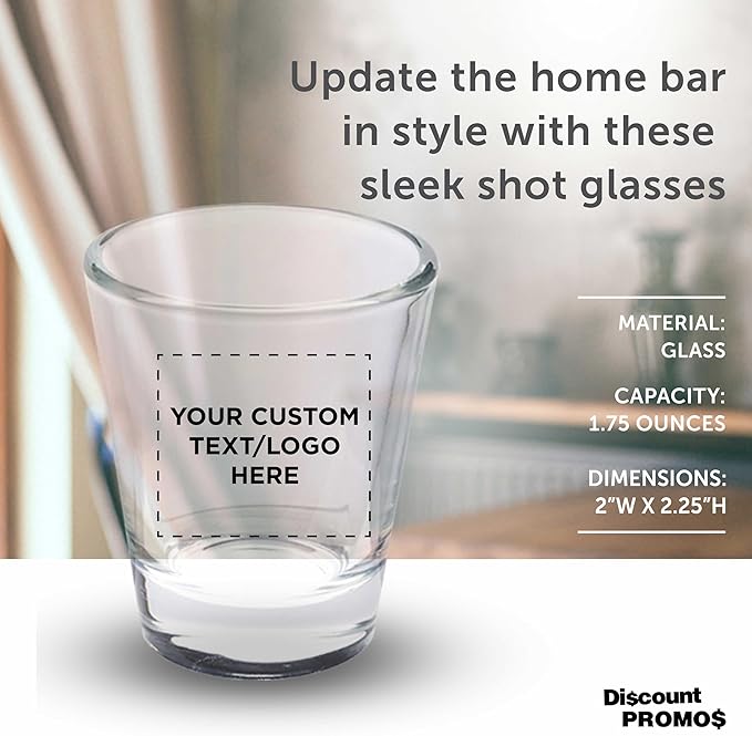 DISCOUNT PROMOS Custom Shot Glasses 1.75 oz. Set of 10/50/100, Personalized Bulk Pack - Great for Wedding Favors, Bachelorette Decorations, Party Favors - Clear Bottom Color