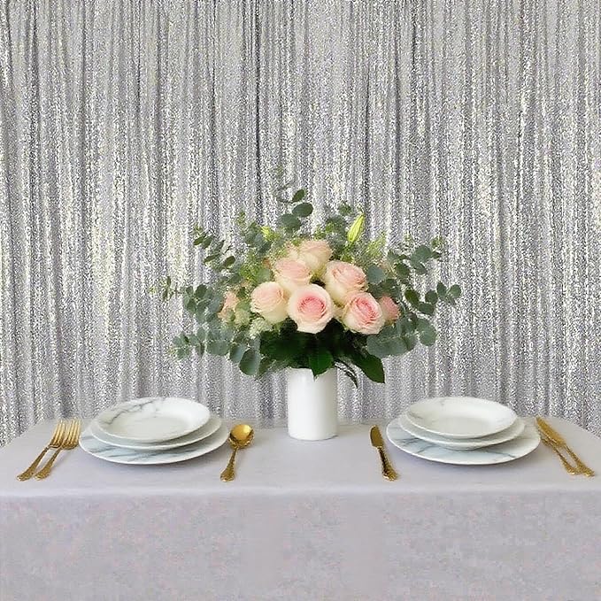 Silver Sequin Backdrop Curtain - 4PCS (2FTx8FT) Glitter Photo Background for Wedding, Christmas, Party, Baby Shower & Stage Decorations (Silver, 2x8ft 4 Panels)