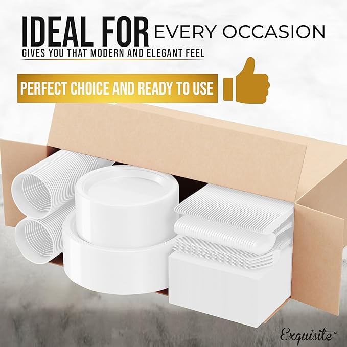 Party Solids 350 Pieces White Plastic Plates For Party, White Disposable Plates Set, 50 Of Each 9" Dinner Plate Set, 7" Dessert Plate, Cups, Napkins & Cutlery Plastic Dinnerware