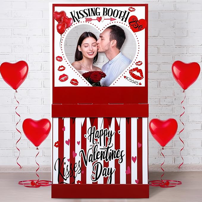 Valentine's Kissing Booth 54 x 28 in Valentines Photo Prop Kissing Booth Stand Cardboard Cutout Decorative Sign for Carnival Romantic Wedding Party Outdoor Decorations(Classic)