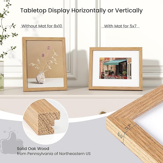 Axeman 8x10 Picture Frame - Solid Oak Wood 8''x10'' Frame With Mat For 5x7, 8 x 10 Photo Frame Wood, Plexiglass And Hanging Hardware Included, Wall And Tabletop Display, Oak 3PCs
