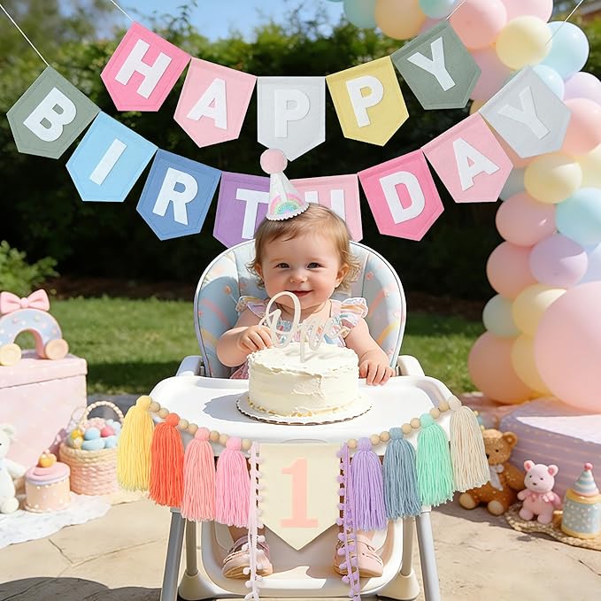 Pastel Macaron Rainbow High Chair Banner Felt Happy Birthday Banner Pre-Strung Birthday Party Decorations For 1st Girl Birthday Backdrop
