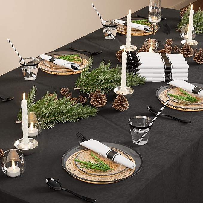 ROVSUN 800 Piece Black Disposable Dinnerware Set for 100 Guests, Clear Plastic Plates for Party, 100 Pre-Rolled Napkins,Silverware,Dinner & Dessert Plates,Cups,Straws for Wedding Birthday Event