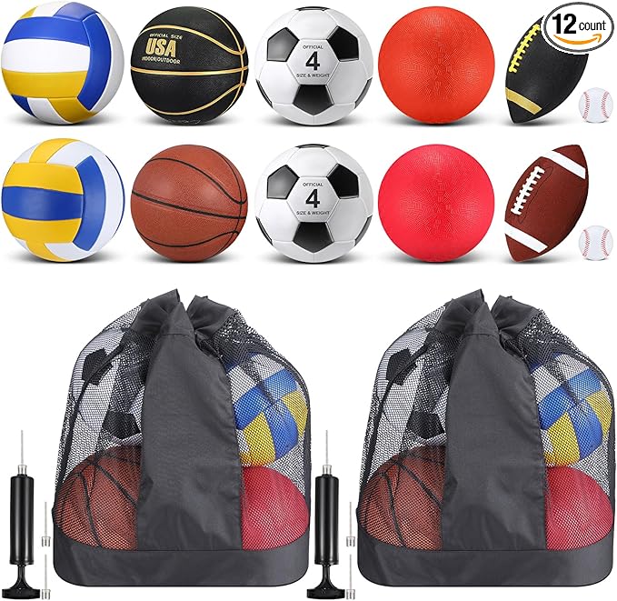 Deekin 12 Pcs Assorted Sport Ball Set for Kids Official Size Basketball Football Volleyball Soccer Baseball Playground Ball with Bag and Pump for Valentine's Kid Youth Gift