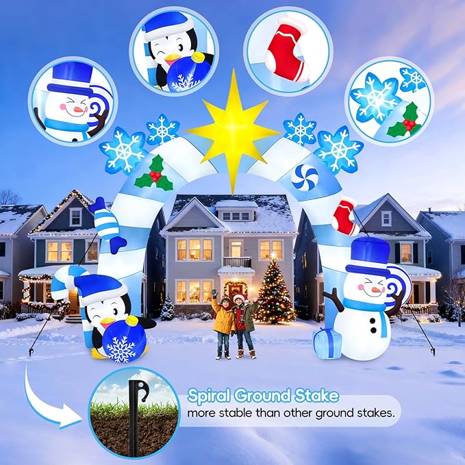 16FT Christmas Inflatable Archway with LED Light, Kalolary Blue Winter Snowman Penguins Inflatable Merry Christmas Blow Up Outdoor Decoration for Courtyard Lawn Shopping Mall Street