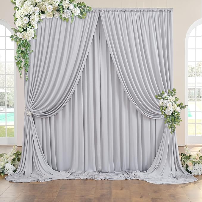 20ft×8ft Wrinkle Free Silver Grey Backdrop Curtains for Parties Wedding, 4 Panels 5×8ft Thick&Silky Polyester Silver Photo Backdrop Drapes Curtain for Birthday Baby Shower Photography Baptism