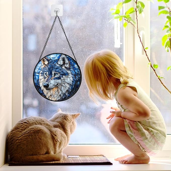 Stained Glass Window Hanging - Funny Wolf Suncatcher Ready to Hang Window Doors Home Decoration and Christmas, Mother's Day Birthday Gifts for Women, Men, and Mom 11.8x11.8 in