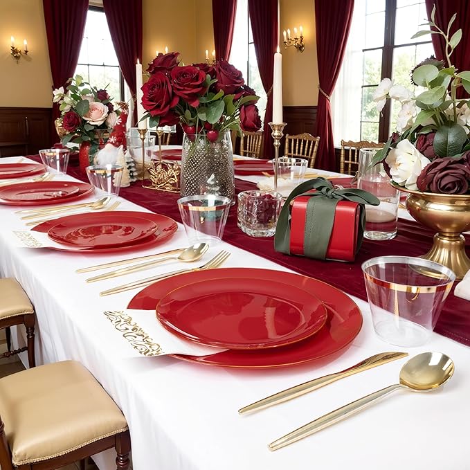 MirthMood 210pcs Red Plastic Plates,Disposable Red Gold Party Plates,Include 30 Dinner,Dessert Plate,30 Cup&30 Napkins, 90 Gold Silverware for Wedding & Party & Birthday（Plum Red）