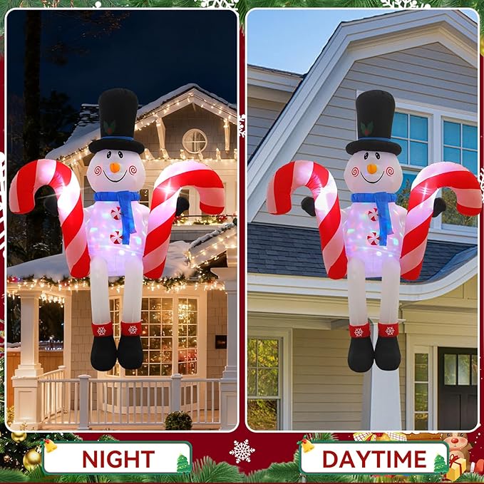 8FT Snowman Sitting on The Roof Outdoor Inflatable Decoration with LED Lights for Yard and Lawn Decorations at Christmas