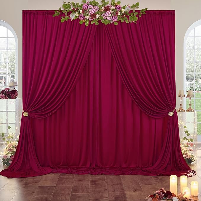 30ft×8ft Wrinkle Free Burgundy Backdrop Curtain for Parties, 6 Panels 5×8ft Soft Silky Polyester Wine Red Photo Backdrop Drapes for Wedding Birthday Christmas Photography Back Drop Cloth