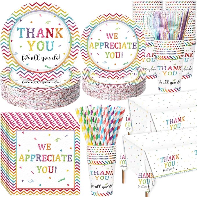 452 Pcs Thank You Party Decorations for 50, We Appreciate You Paper Plates Napkins Cups Tablecloth Cutlery Straws for Employee Staff Housekeeping Week Pastor Appreciation Party Supplies