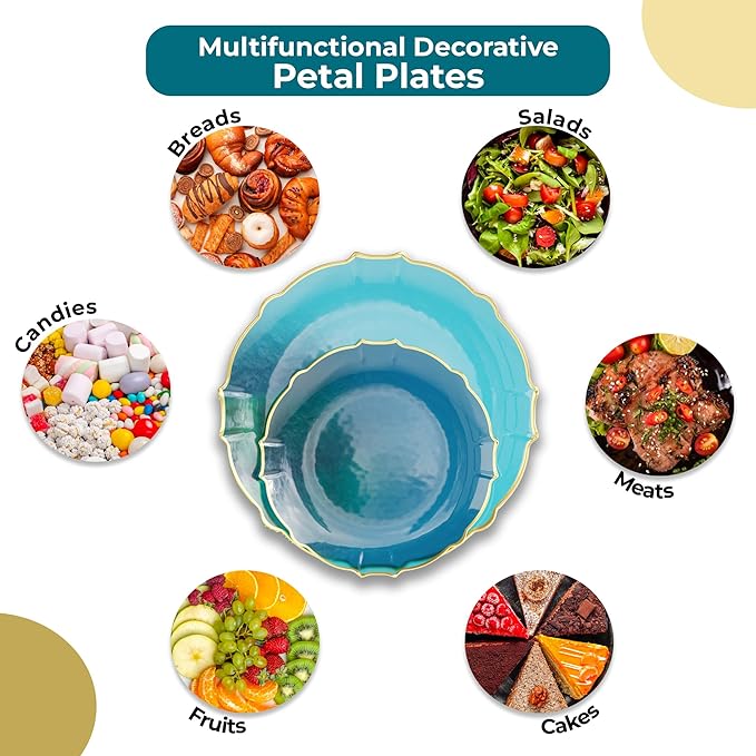 Exquisite Tinted Plates 80-Piece Plastic Disposable Party Set for 40 Guests - 40 X 7.5 Dessert Plates & 40 X 10 Thin Delicate Fancy Dinnerware with Peacock Gold Rim