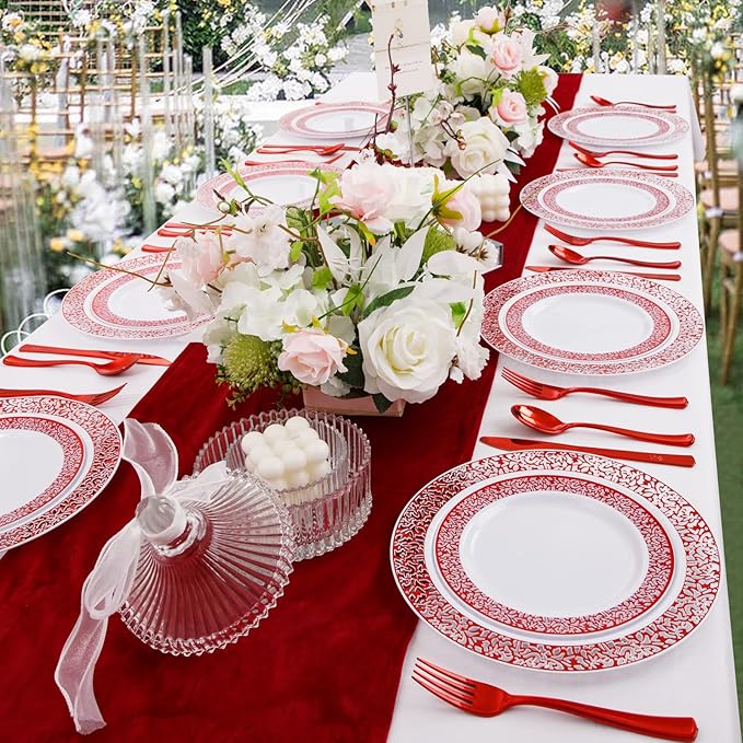 U-QE 150PCS Red Plastic Plates with Red Plastic Silverware, Red Disposable Plates Include 30 Dinner Plates 10.25", 30 Salad Plates 7.5",30 Forks,30 Knives,30 Spoons Perfect for Valentine's Day