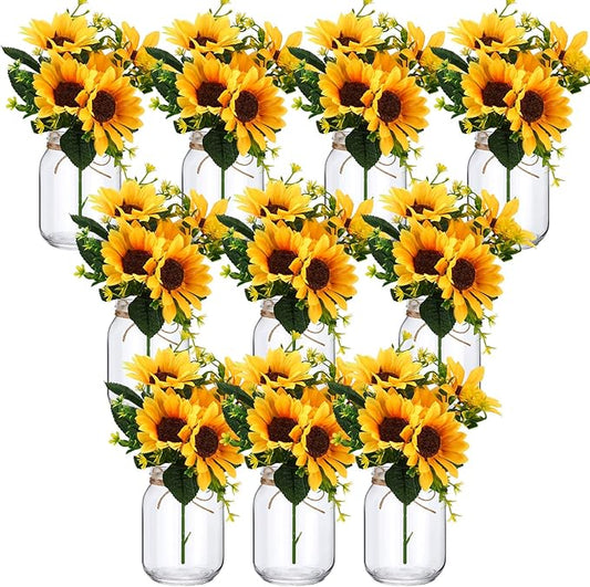 XunYee 10 Set Mason Jar Table Centerpiece with Flower Mason Jar Flower Centerpiece Vases Decor for Engagement Party Bridal Shower Centerpieces Wedding Reception Table Decor(Sunflower)