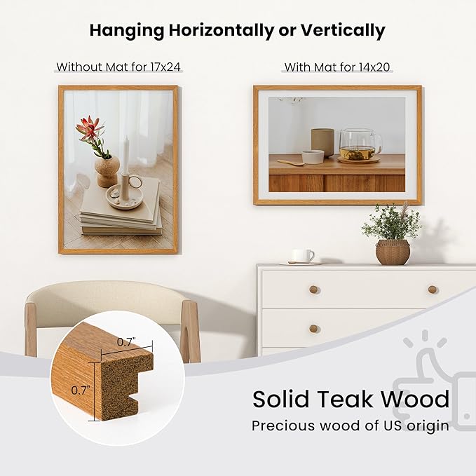 Axeman 17x24 Picture frame with mat for 14x20, Tempered Glass and Hanging Hardware Included Natural Teak Home Decor Art Hanging Poster Frame, Natural Teak
