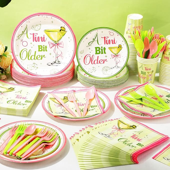 Pickmesh 400 Pcs A Tini Bit Older Birthday Party Plates and Napkin Decoration Martini Tableware Cups Knives Hot Pink & Green Dinnerware for Women Birthday Bridal Wedding Baby Shower Supplies Serve 50