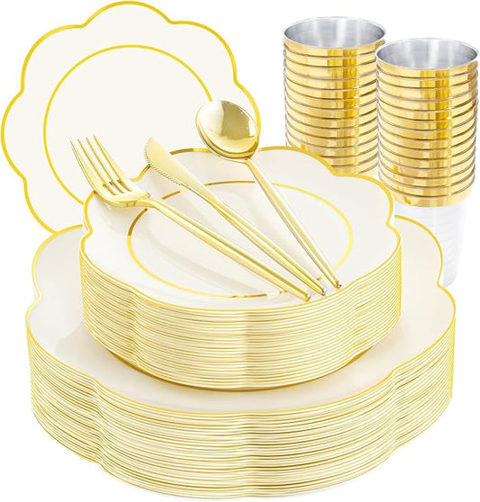 EI 180pcs Beige Plastic Plates with Gold Plastic Silverware,Heavy-Duty Disposable Plates for Party,White Dinnerware Set for 30 Guest Wedding,Afternoon Tea,Spring,Valentine's Day,Easter