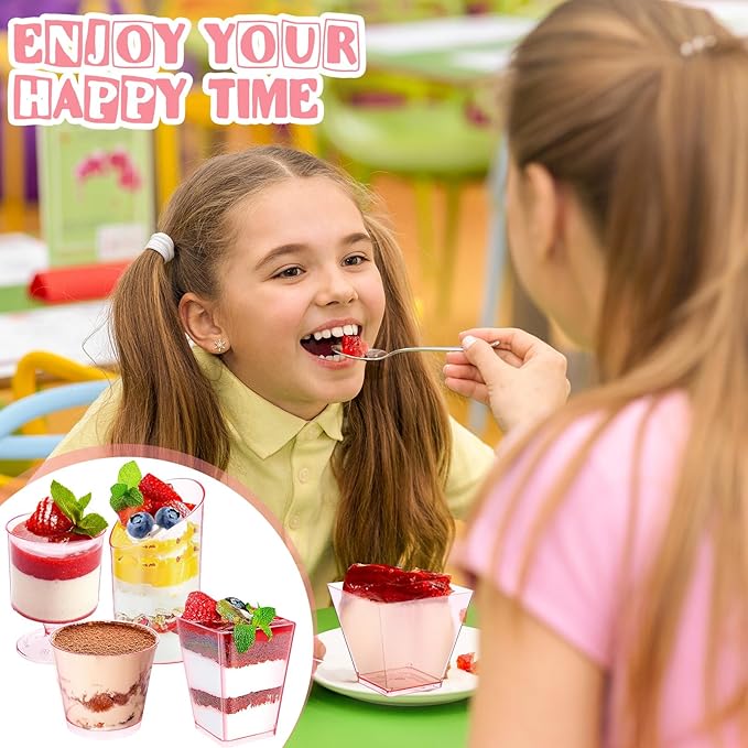 300 Pack Clear Pink Mini Dessert Cups with Spoons 5oz 3oz Plastic Square Slanted Parfait Appetizer Shooter Round Goblet for Valentines Day Dessert Table Party Pudding Ice Cream Cake Yogurt