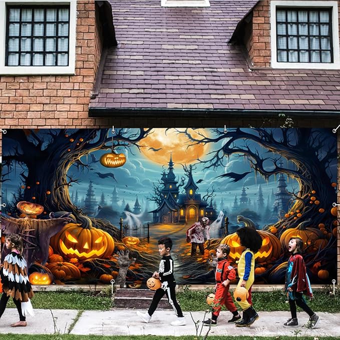 7x16 FT Garage Door Banner - Scary Night Full Moon Halloween Decorations - Large Castle Pumpkins Banner Backdrop