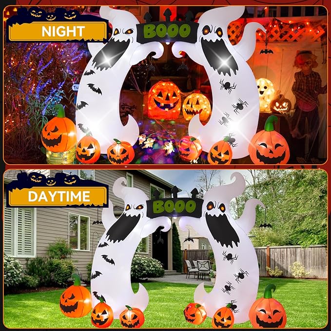 Halloween Inflatable, SHDEJTG 16 FT Giant Ghost Pumpkin Arch Inflatable Decoration with Rotating LED Color Light for Outdoor, Holiday, Party, Yard, Garden