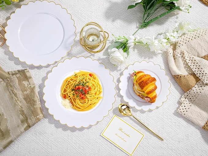 supernal 100pcs White and Gold Plastic Plates Scalloped Plastic Plate - Plastic Plates for Party,Pretty Dinner Plate Perfect for Valentine's Day Wedding and Birthday