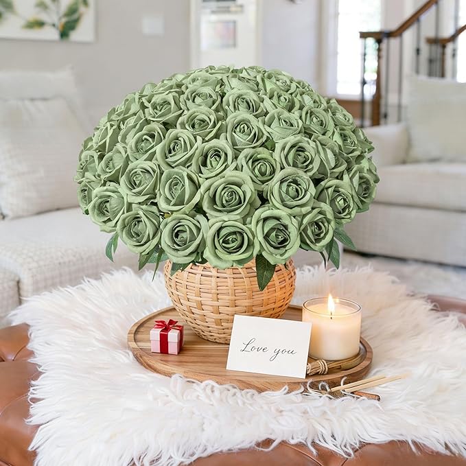 50 PCS Green Roses Artificial Flowers, Fake Roses with Stem Realistic Silk Roses for DIY Wedding Bouquets Tables Centerpieces Arrangements Baby Shower Birthday Home Decor Valentine's Day Gift for Her