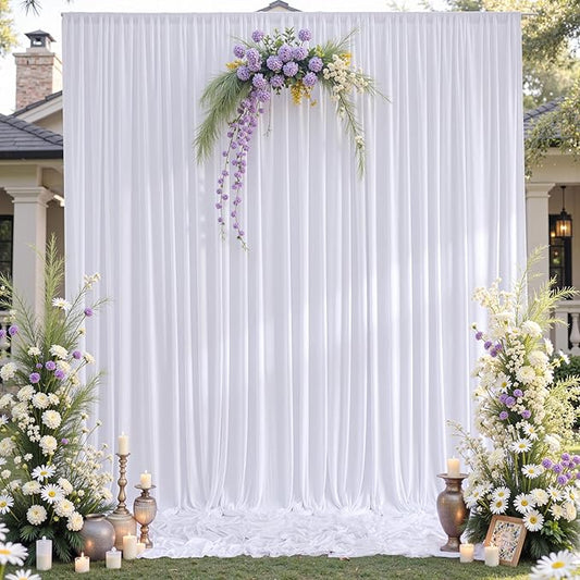 gogoparti 10x15 ft White Backdrop Curtain for Weddings & Parties - 2-Panel Wrinkle-Free Polyester Drape, 15 FT Long for Birthday, Baby Shower, Halloween Photography Background