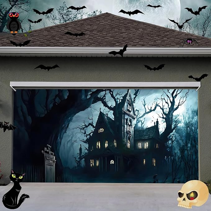Halloween Garage Door Decorations Banner Cover Halloween Garage Wall Decorations for Outdoor Holiday Party Indoor Outdoor Decor Banner Cover 16x7ft