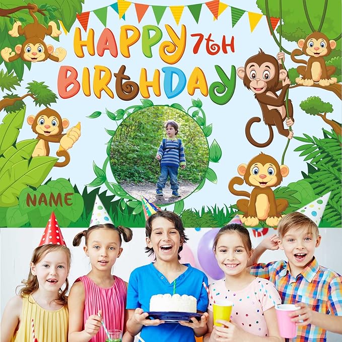 Custom Monkey Jungle Safari Happy Birthday Party Decorations Supplies Personalized Monkey Jungle Safari Green Birthday Backdrop Banner(5x7.5ft)