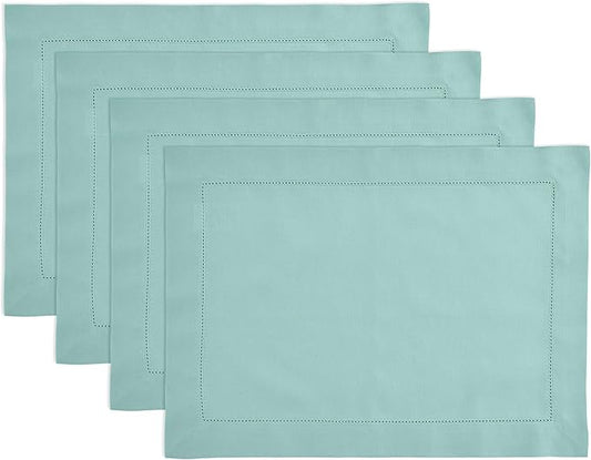 Solino Home Cotton Linen Placemats Set of 4 - Hemstitch Pastel Turquoise Placemats 14 x 19 Inch - Machine Washable Table Mats for Spring, Easter