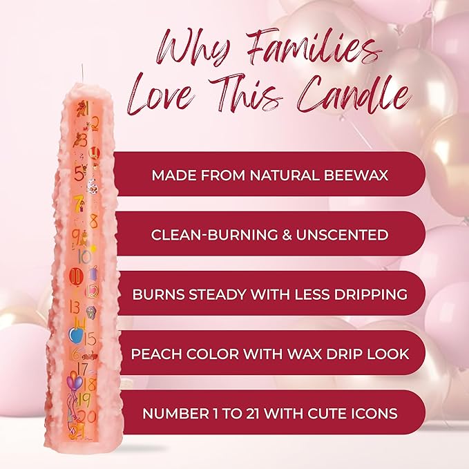 Biedermann & Sons Baby Shower Countdown Candle for Girls, Baby Pink 15 Inch Unscented Pillar, 42 Hour Burn Time, Marks 1 to 21 Year Celebrations, Keepsake Gift or Favor for Guests