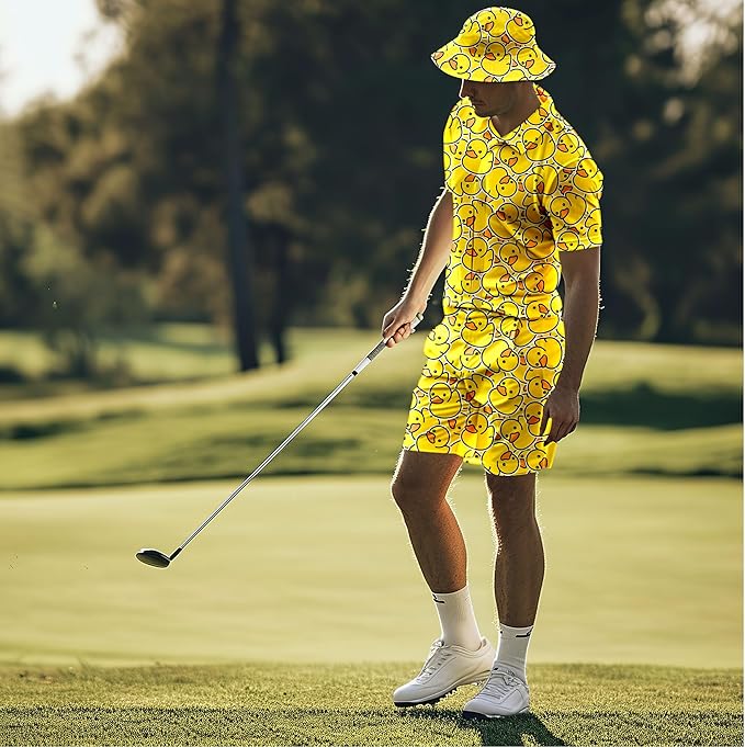 Men's 2 Piece Tracksuit 80s 90s Outfit Button Down 80s Shirts and Shorts Sets with Bucket Hats