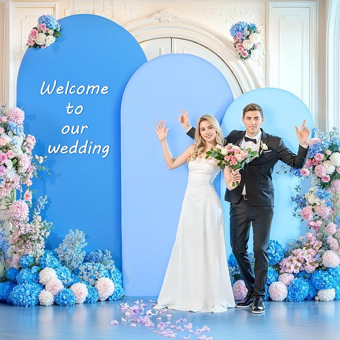 Blue Arch Backdrop Cover 3 Set-7.2FT, 6.6FT, 6FT Spandex Wedding Balloon Arch Stand Covers for Baby Shower Boys Birthday Party Wedding Ceremony Banquet Photo Arch Stand Background Decorations