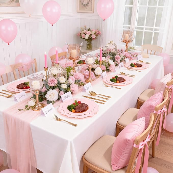 COLOSUS 100 pcs Pink Plastic Plates Set, Nice Disposable Plates,Pink Disposable plates Set for 50 Guest include 50 Dinner Plate 10.5 &50Dessert plates 8.25 for Party,Wedding, Birthday, Valentine's Day