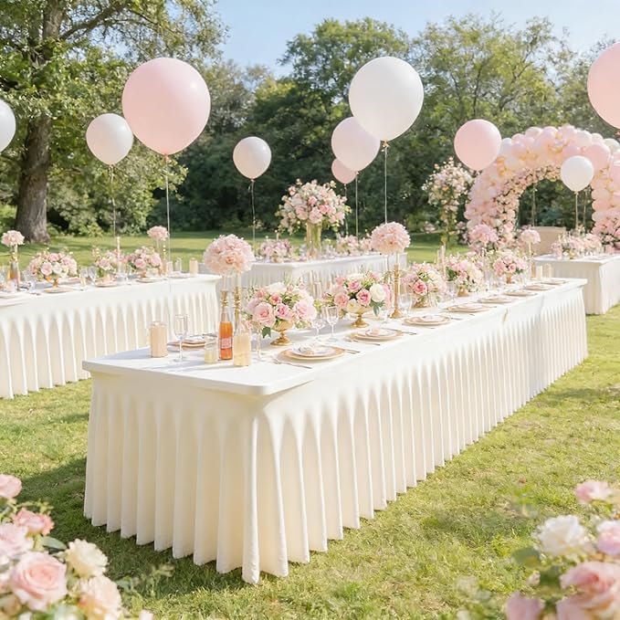 2 Packs Ivory Spandex Tableclothes for 6 Foot Rectangle Tables, Wrinkle Free 6ft Fitted Table Cover Stretch Table Cloth Desk Skirt for Weddings Baby Shower Birthday Party Banquet Decorations