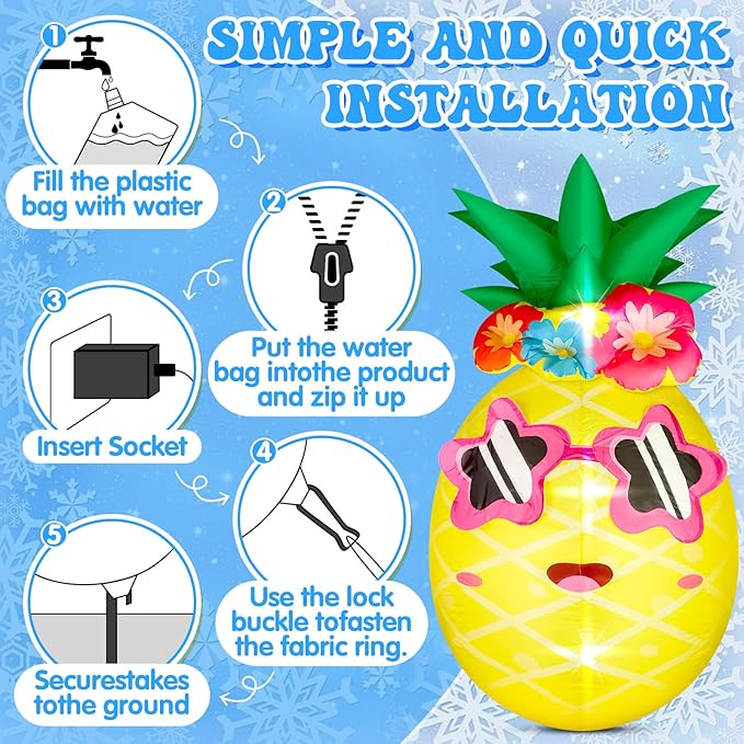5FT Winter Inflatable Pineapple Winter Decor Blow up Pineapple Built in 4 LED Lights Outdoor Decorations Giant Inflatable for Birthday Pool Beach Yard Lawn Frozen Party Supplies