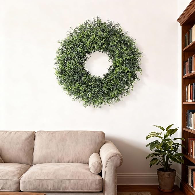 26" Large Artificial Rosemary Wreath for Front Door - UV Resistant Realistic Rosemary Plant, Fake Spring/Summer Greenery Wreath for Wall Window Farmhouse Fireplace Decor