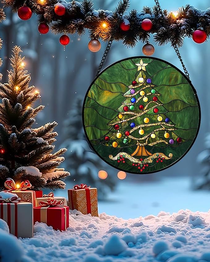 Stained Glass Window Hanging - Green Christmas Tree with Colorful Lights Suncatcher for Doors Home Christmas Decoration Sun Catcher Thanksgiving New Year Birthday Gifts for Women Men Mom Nana 11.8 in