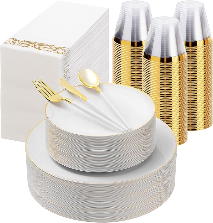 350 Pieces White Gold Plastic Dinnerware Set, Gold Disposable Plates for Party, Graduation, Include 100 White Plates with 150 Plastic Cutlery, 50 Napkins and 50 Cups