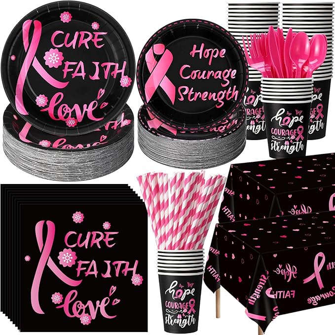452 Pcs Breast Cancer Awareness Decoration Black Pink Cure Faith Love Paper Plates Napkins Cups Tablecloth Cutlery Straws for Breast Cancer Awareness Month Women Charity Activities Supplies