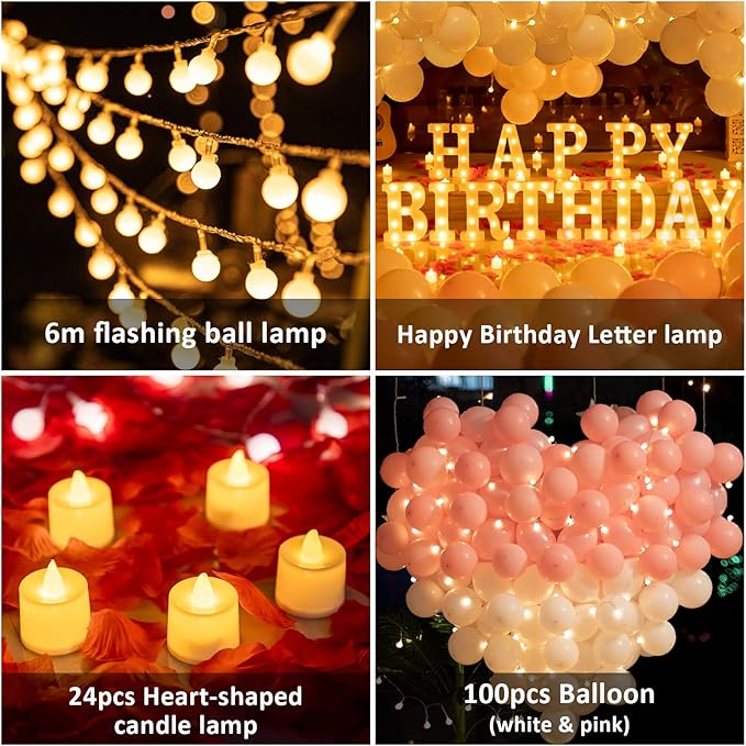 138pcs Happy Birthday Marquee Light Up Letters- LED Letter Number Light Sign with Round Light Balloons Decoration for Birthday Home Table Decor White