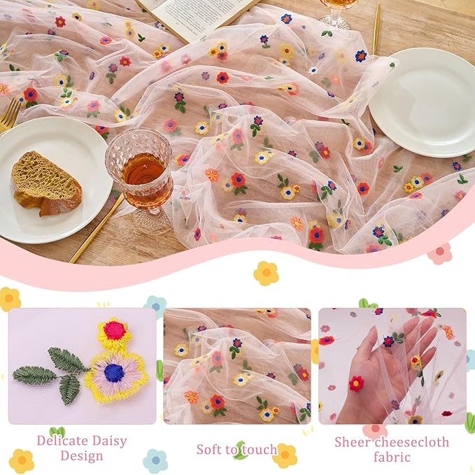 6PCS Pink Floral Table Runner 10 FT, Embroidery Daisy Table Runners Seasonal Spring Summer Sheer Tulle Dining Table Decor for Home Party Birthday Decor 29x120 Inch