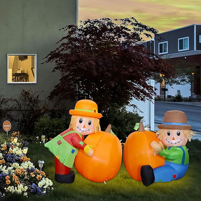 Lulu Home Thanksgiving Inflatable Decoration, Set of 2 Air Blown Scarecrow Couples with Built-in LED Lights for Fall Autumn Harvest Decor (Sitting & Standing Scarecrows)