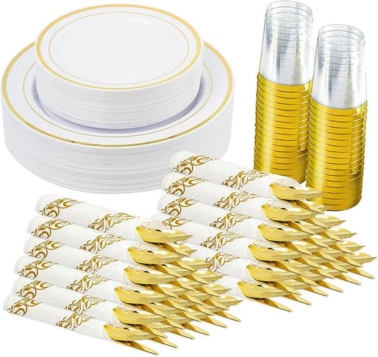 175 Pcs Gold Disposable Plates for 25 Guests, Disposable Plastic Plates, Dinnerware Set Include 25 Dinner Plates, 25 Salad Plates,25 Cups, 25 Paper Napkins for Party, Wedding, New Year