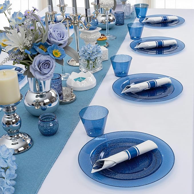 DaYammi 350 Pieces Cobalt Blue Glitter Dinnerware Set 50 Guest for Party- 50 Dinner Plates, 50 Dessert Plates -50 Per Rolled Napkins with Blue Cutlery - 50 Disposable Cups 9 OZ