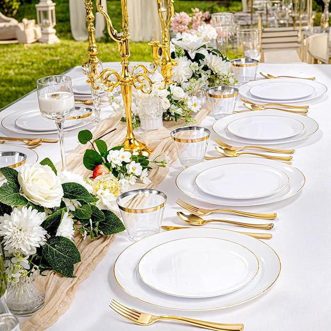 KIRE 175PCS Gold Plates Disposable - Heavy Duty White and Gold Plastic Plates Dinnerware Sets - 25 for Dinner 25 for Dessert 25 Pre Rolled Napkins and 25 Cups for Birthday/Valentine's Day/Wedding