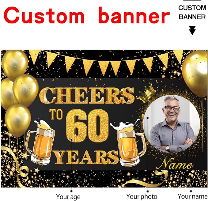 Custom 30/35/40/45/50/55/60/65/70/75/80/85/90/95/100th Black and Gold Happy Birthday Party Decorations Supplies Personalized Black and Gold Birthday Backdrop Banner(5x7.5ft)