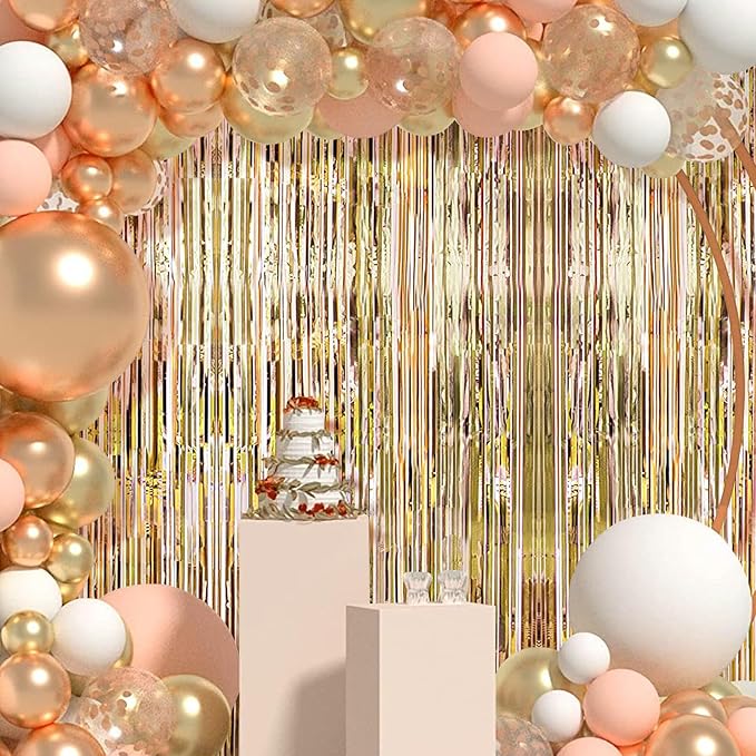 Champagne Gold Foil Fringe Curtains 50 Pack 3.2ft x 8.2ft Fringe Backdrop Curtains Metallic Tinsel Streamer Photo Backdrop for Birthday Party Decorations Halloween Christmas Party Supply