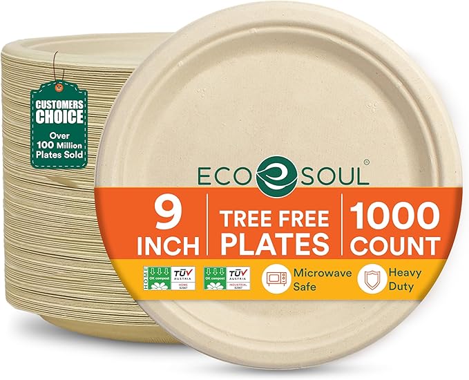 ECO SOUL 9 Inch Compostable Disposable Paper Plates [1000 Pack] Food Safe 100% Virgin Bagasse Pulp Heavy Duty Biodegradable Microwave Safe Large Round Dinner Plate for Party, Picnic & BBQ (Brown)