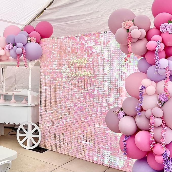 COKAOBE Iridescent Pink Shimmer Wall Backdrop, 24PCS Square Sequin Shimmer Backdrop Panel, Photo Backdrops for Birthday, Anniversary, Wedding, Graduation & Bachelorette Party Decoration